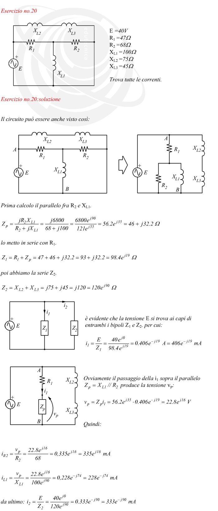 Esercizio calcolo delle correnti in circuito elettrico in alternata