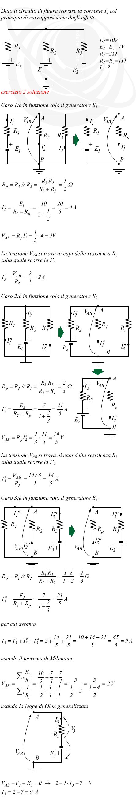 esercizio svolto principio di sovrapposizione degli effetti circuito con tre resistenze e tre generatori 