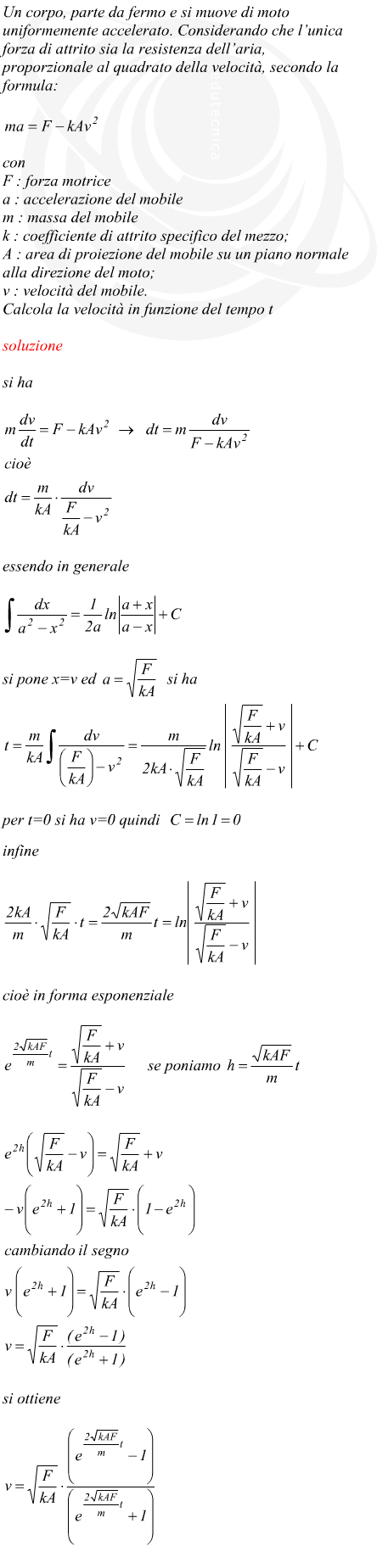 moto accelerato con resistenza del mezzo proporzionale alquadrato della velocit
