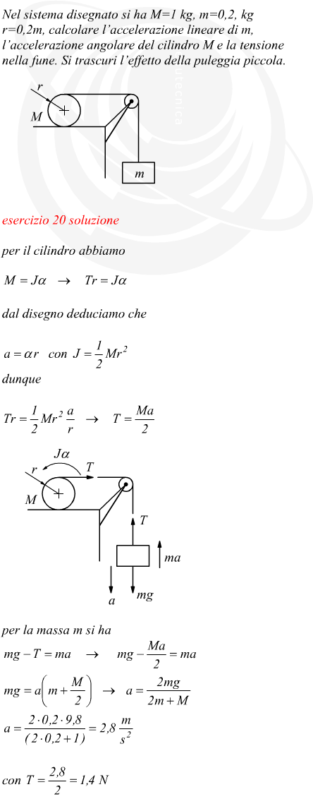 accelerazione angolare di un cilindro e accelerazione lineare di una massa collegata con una carrucola