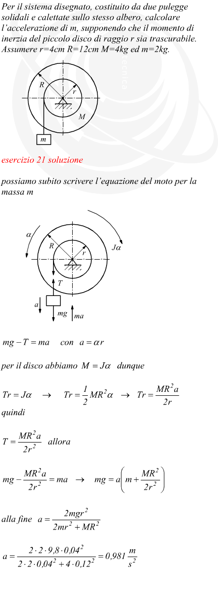 accelerazione di una massa collegata ad un sistema di pulegge solidali